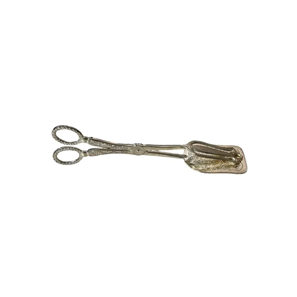 Vintage Ornate Silver Tone Scissor Style Pastry Serving Tongs 8.5 Inch